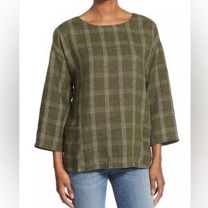 Eileen Fisher 100% Organic Cotton Catalan Olive Green Plaid Tunic Top‎